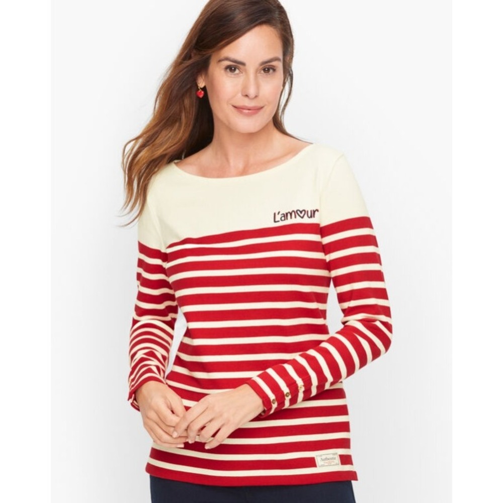 Talbots Top L'amour Striped Boat Neck Gold‎ Button Red White Women Petite LP